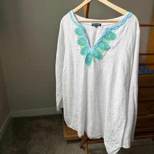 For Cynthia White Linen Tunic with Aqua and Lime Embroidery